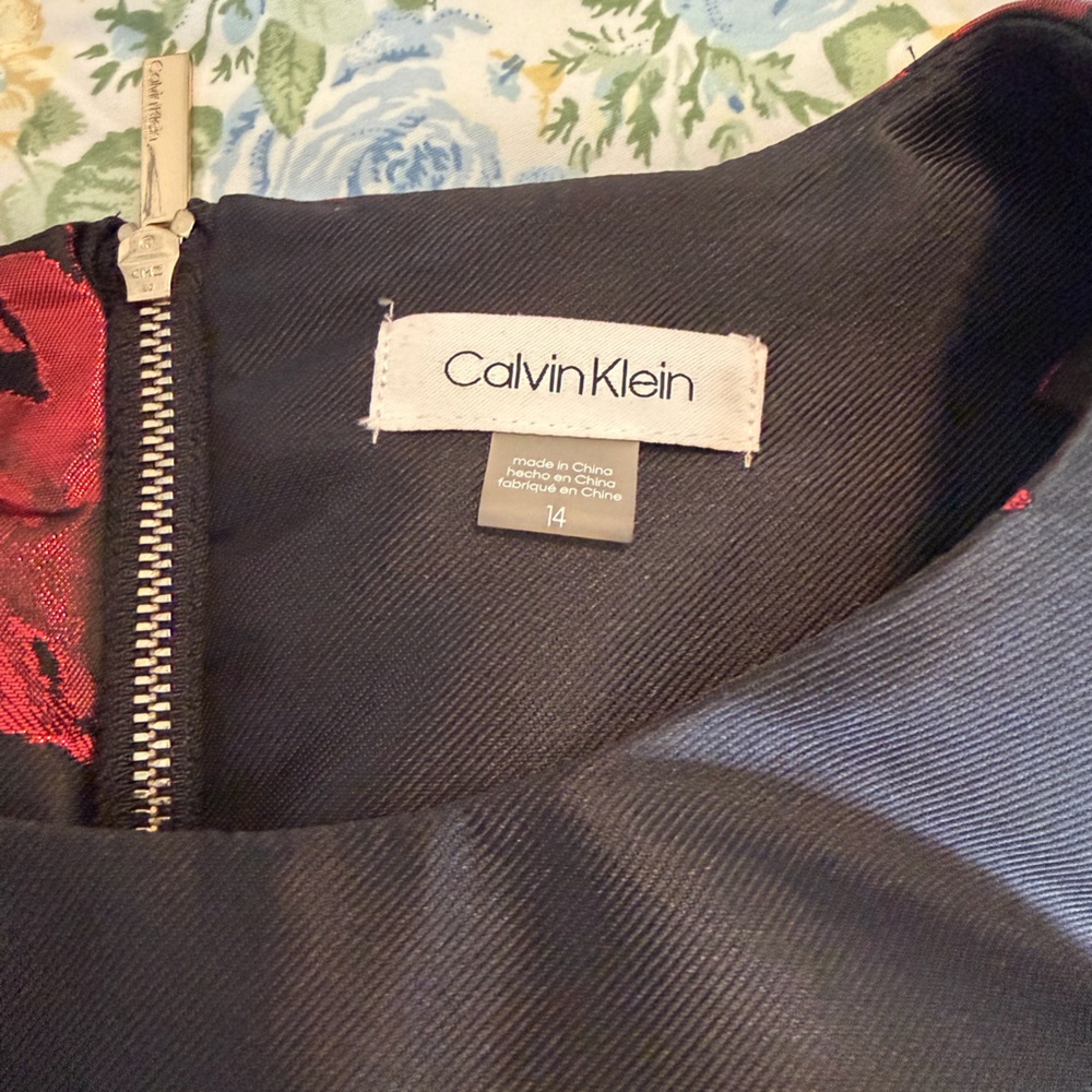 Calvin Klein Black Dress with Red Floral Jacquard - Picture 3 of 6